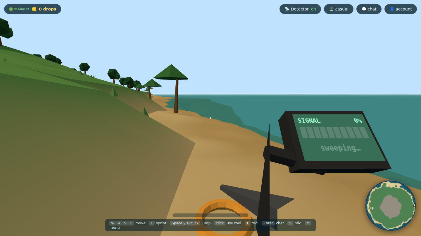 First-person gameplay: sweeping a powered-on metal detector along the beach, its LCD reading SIGNAL 0% while sweeping, with the island minimap in the corner