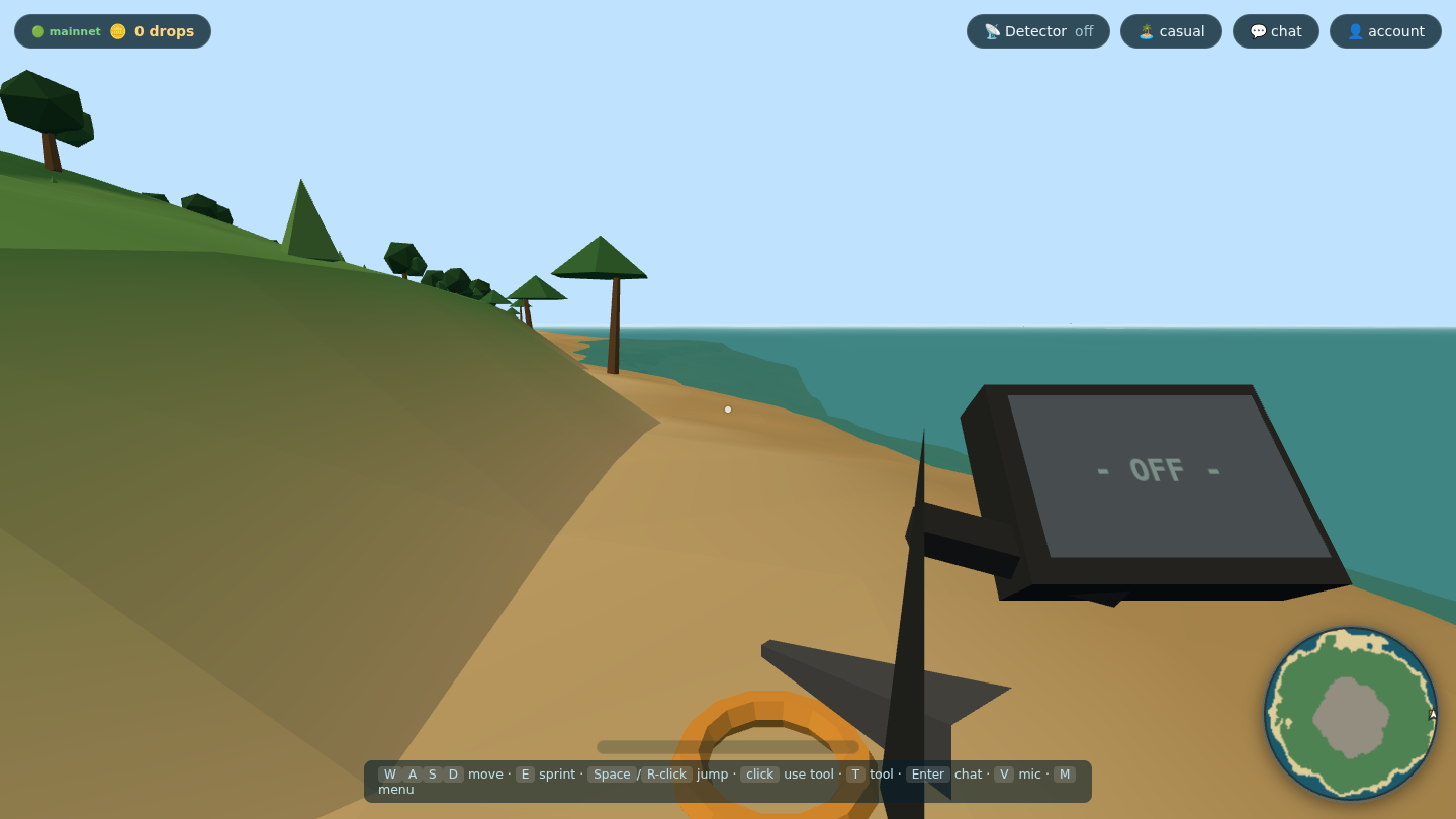 In-game view of the shared island world: a detectorist on the beach with the live HUD, balance and island minimap